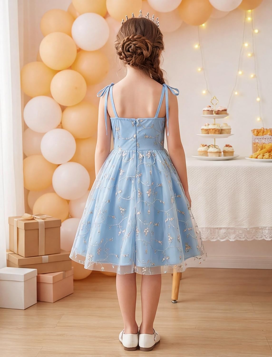 IDOPIP Embroidery Flower Girl Lace Dess for Kids Party Wedding Bridesmaid Tulle Dresses Princess Pageant Birthday Floral Gown