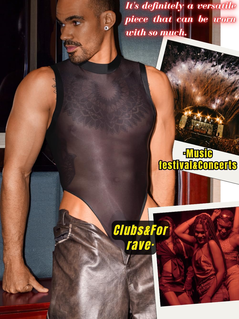 Sexy Glossy Mens Lingerie Sheer, Snap Crotch Thong Leotard High Cut Muscle Suit, Mesh Rave Bodysuit Top Club Outfits - Image 7
