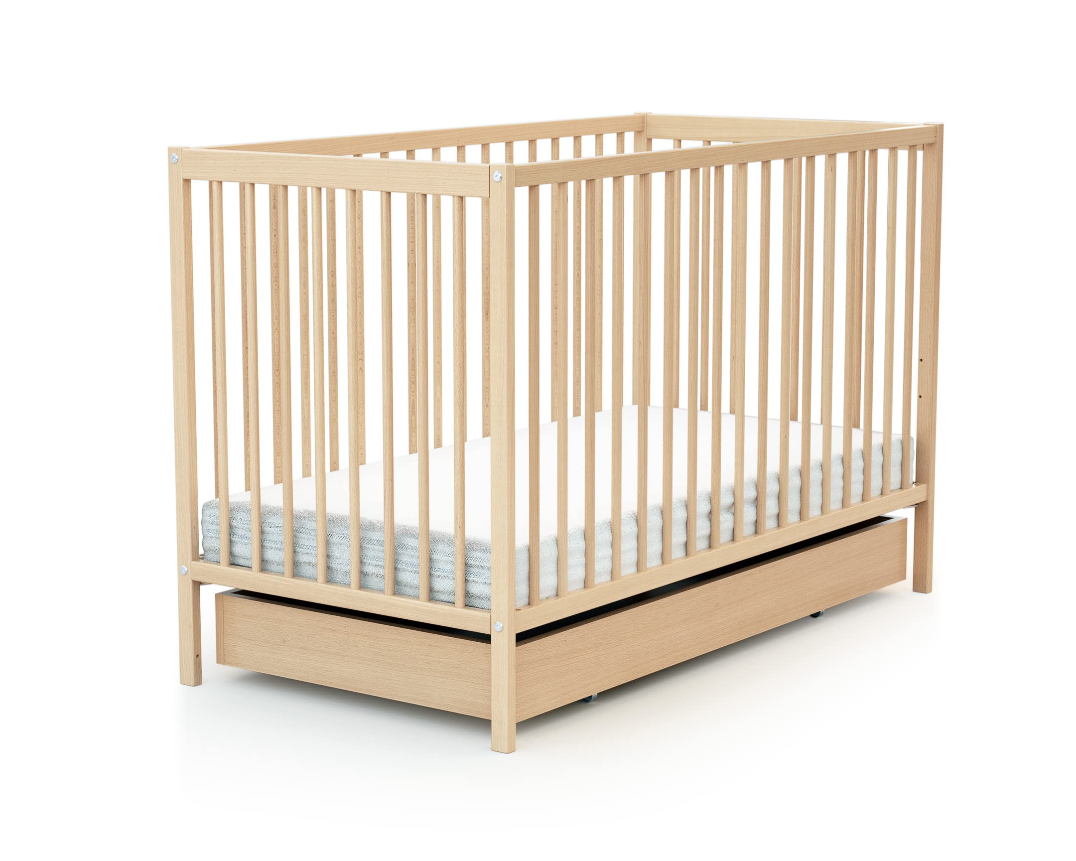 AT4 - Tiroir de lit ESSENTIEL Hêtre verni | Pour lit bébé 60x120 cm | Tiroir universel en bois | Tiroir à 4 roulettes | Hauteur 15cm | Rangement pratique et discret | Gain de place