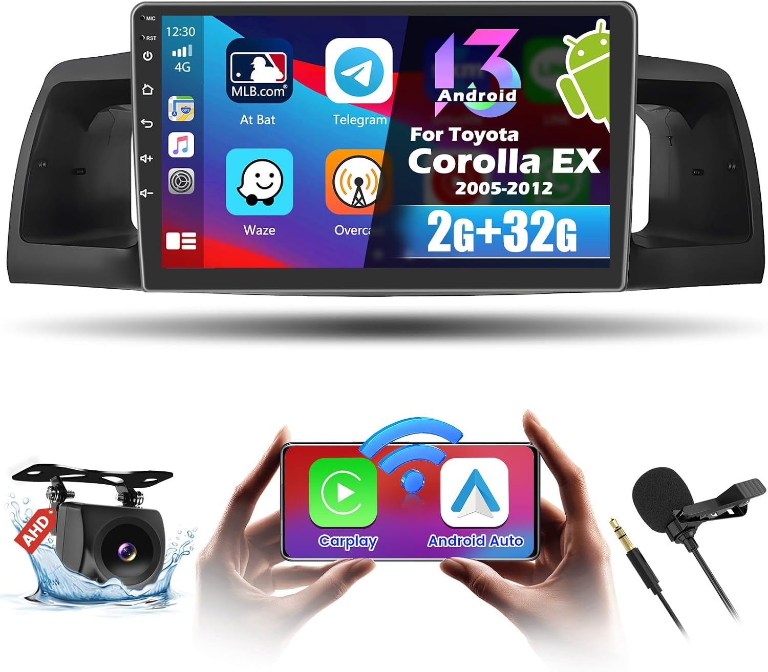 5G WiFi Stereo Hikity Android 15 Car Stereo for Toyota Corolla EX 2005-2012 with Wireless CarPlay Android Auto, 9'' Touchscreen Car Radio 2+32G GPS Mirror Link Bluetooth FM/EQ/RDS Backup Cam MIC
