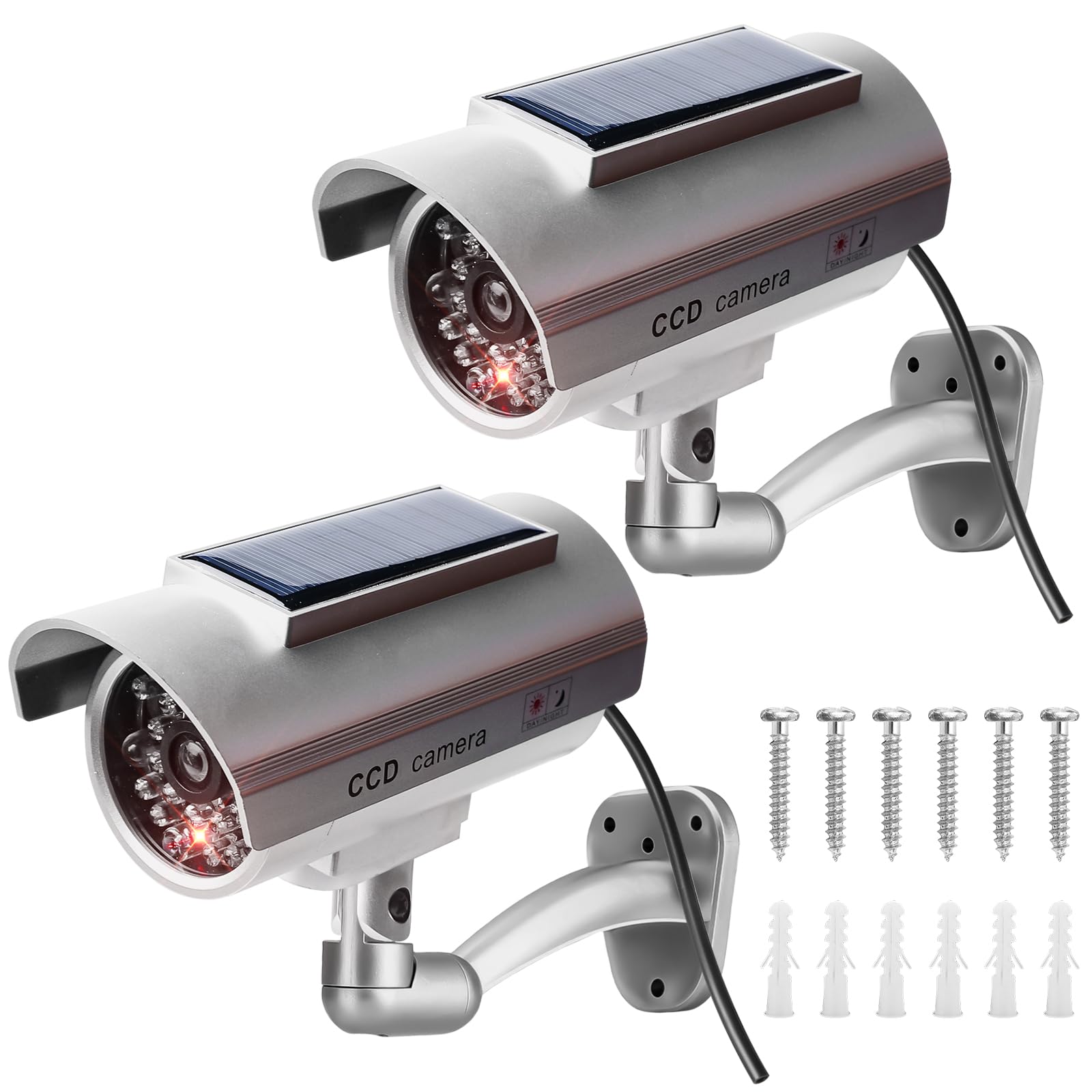 2 Stück Kamera Attrappe Außen, Solar Betriebene Überwachungskamera Attrappe mit Blinkender LED, Dummy Kamera für den Innen-und Außenbereich, Fake Überwachungskamera Silber