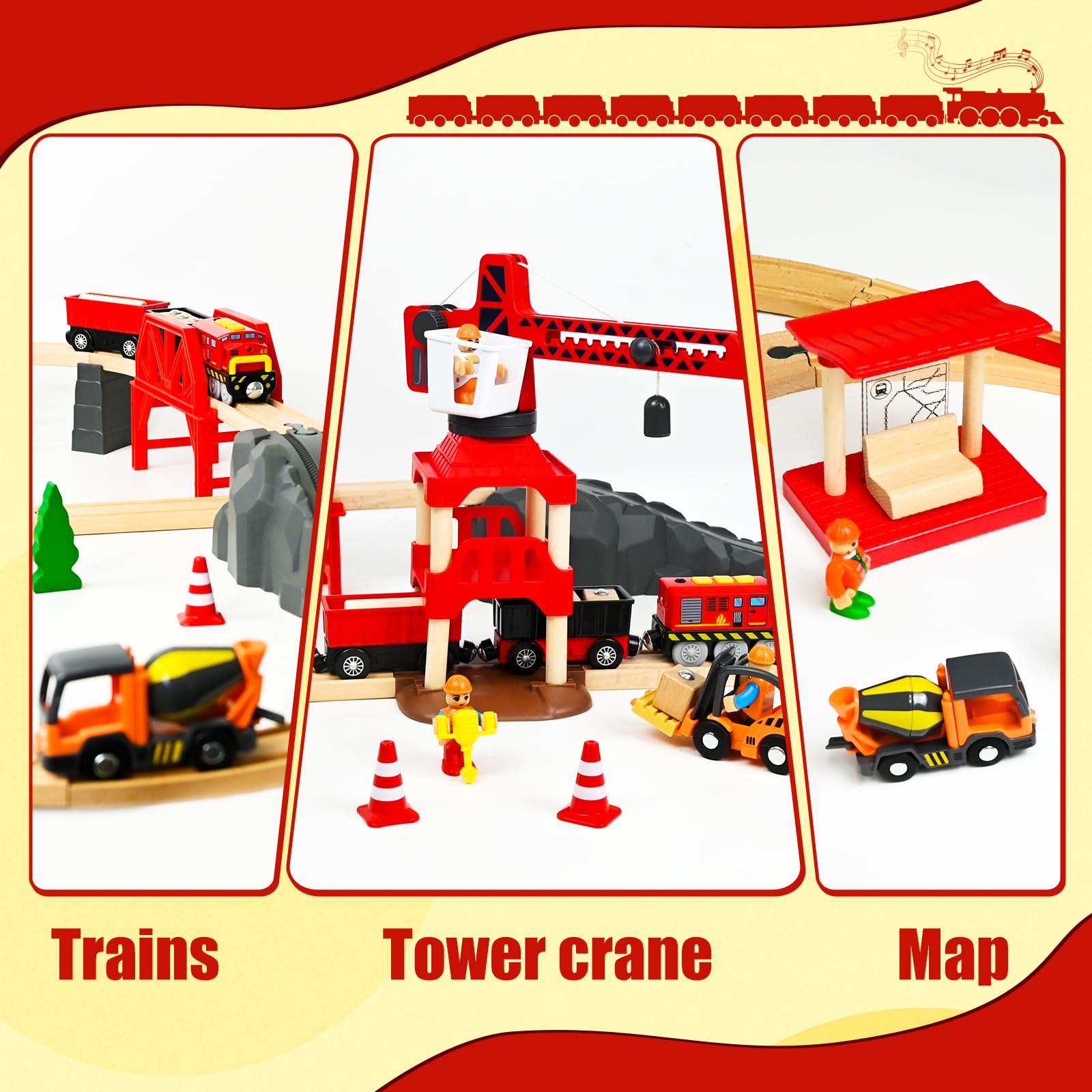 FORMIZON Set di 87 Pezzi Binari Trenino Legno, con Locomotiva Trenino Elettrico e Gru a Torre Telecomandata, Giocattoli Treno Elettrico, Ingegneria Ferroviaria, Regali di Compleanno e Natale Bambini