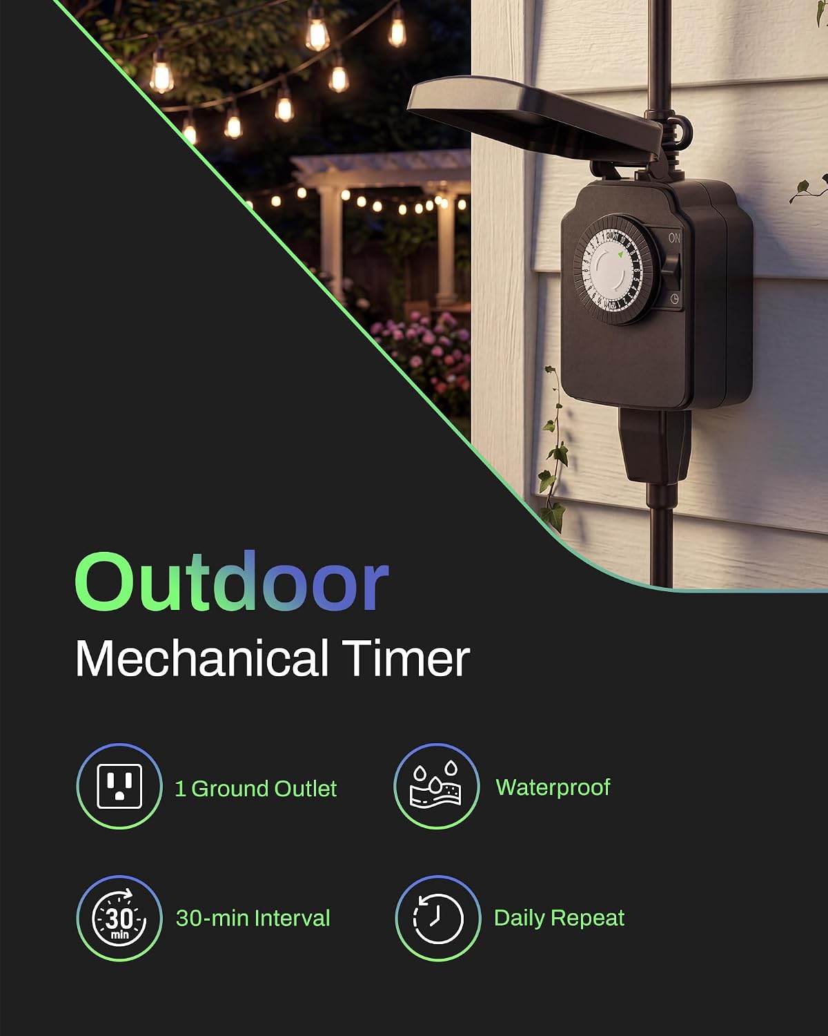 BN-LINK Outdoor 24-Hour Mechanical Timer Outlet, 1 Grounded Outlet | 30-min Intervals; Daily Repeat; Easy Dial; Weatherproof Cover; For Christmas Lights, Pump, Sprinkler, Fountain, ETL Listed