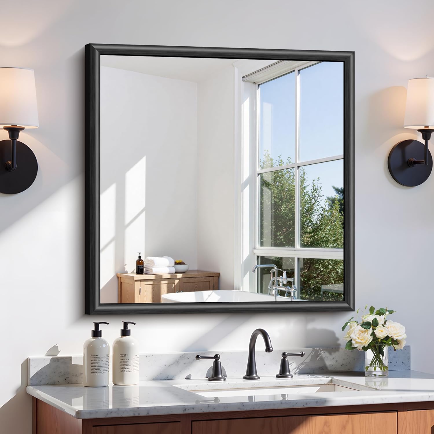 Black Bathroom Mirror, 30x30 Inch Black Wall Mirror with Raised Aluminum Frame, Shatterproof Tempered Glass, Modern Vanity Mirror for Over Sink, Bedroom, Living Room and Entryway