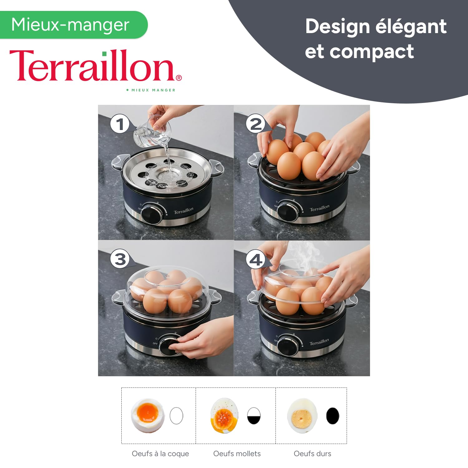 TERRAILLON - NEW MOON - Cuiseur à oeuf électrique, Capacité 7 oeufs, 410 W, Minuteur intégré, couvercle intégré, gobelet de mesure, Corps Inox peint, Bleu