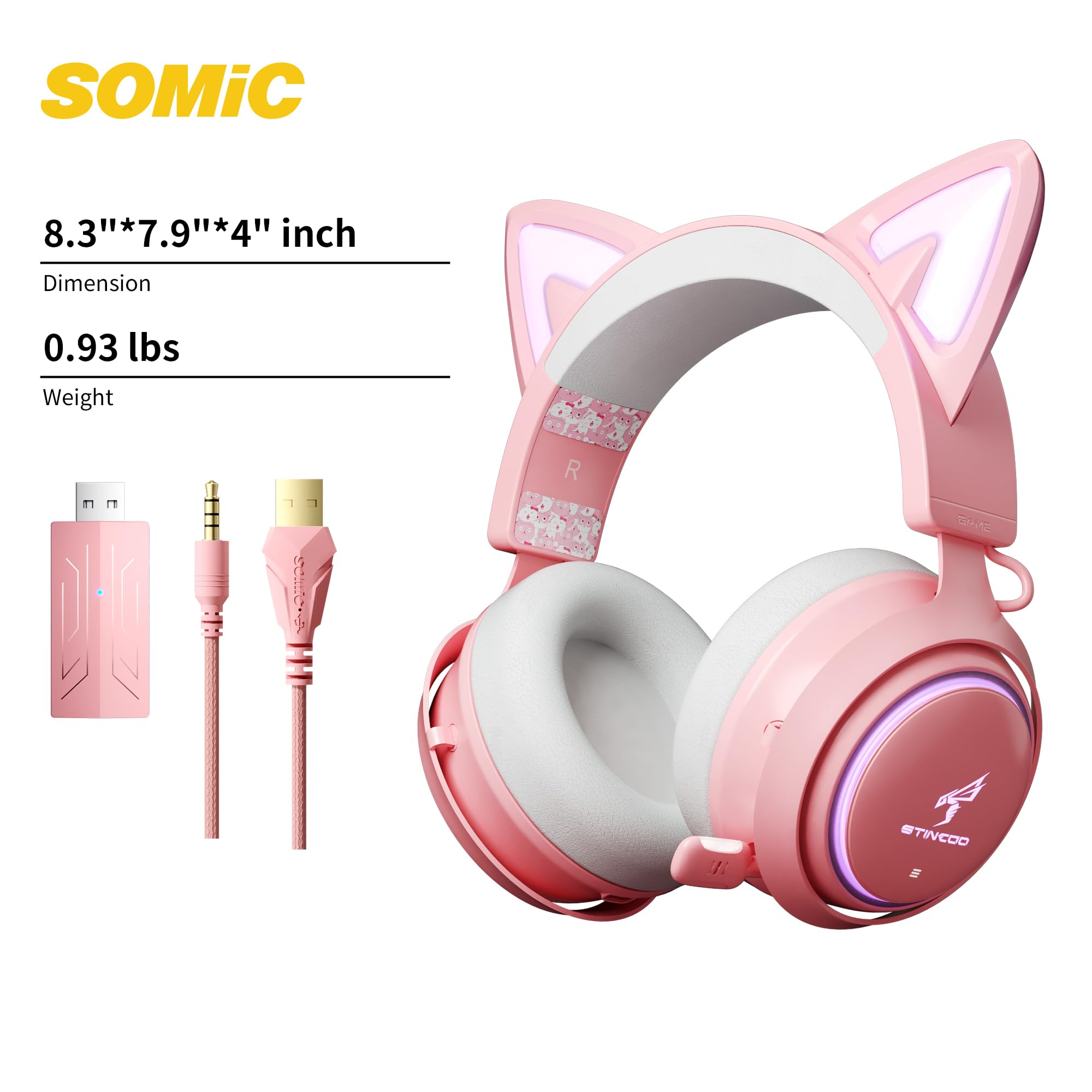 Somic Cuffie con Orecchie di Gatto, Cuffie da Gioco Wireless 2.4GHz per PS4/5, PC, Cuffie Bluetooth per Smartphone, Illuminazione RGB, Microfono Retrattile, Suono Surround 7.1