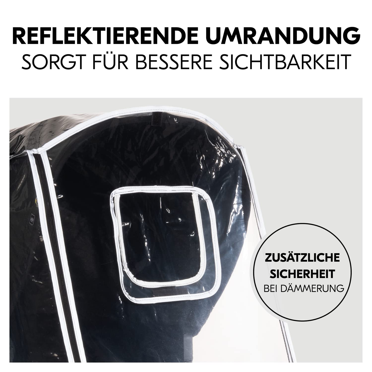 hauck Universal Kinderwagen Regenschutz 47 x 40 x 85 cm mit Reflektierender Umrandung, Kontakt & Belüftungs Fenster, Einfache Klettverschluss Befestigung am Kinderbuggy (Transparent)