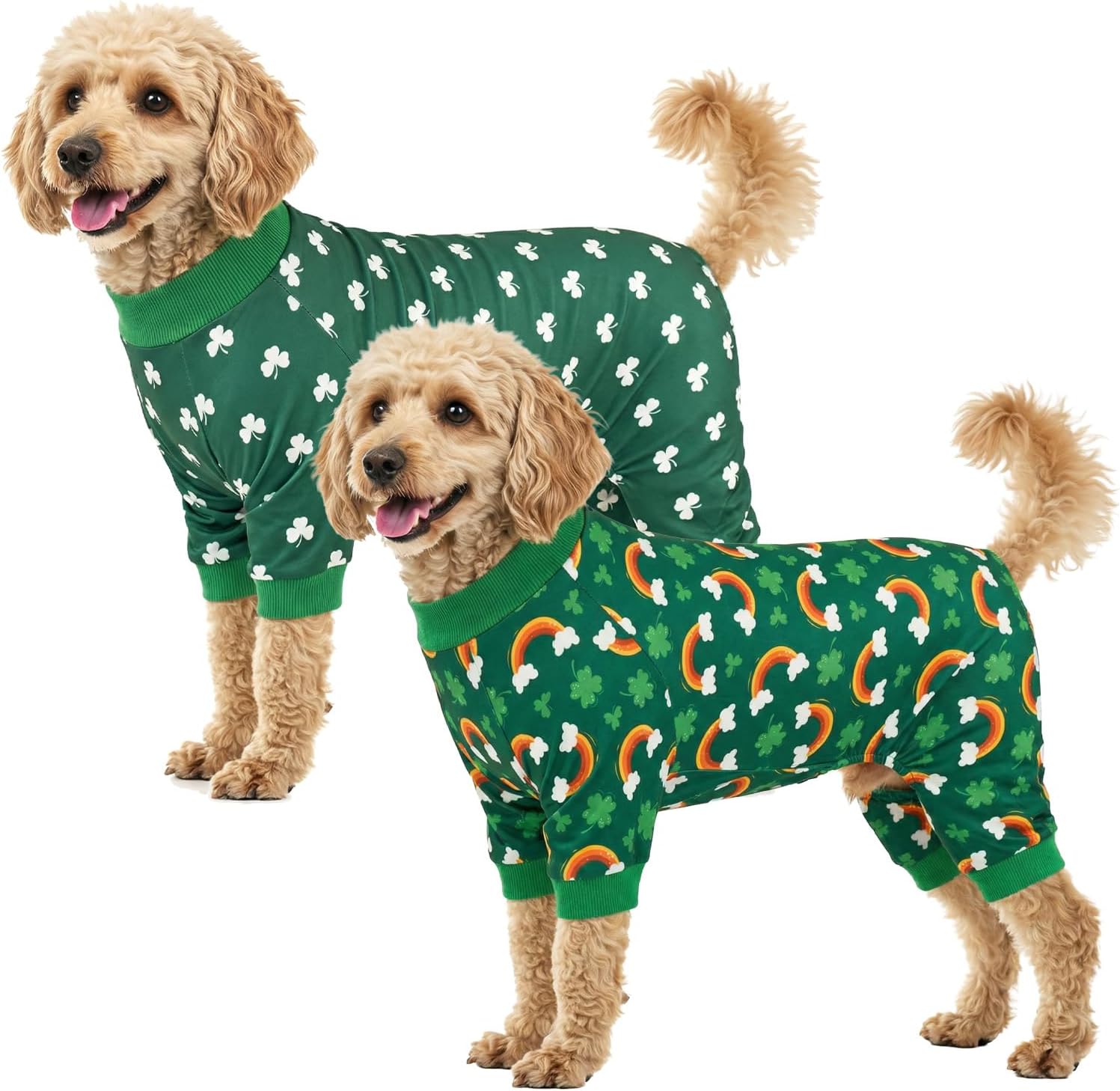 Vehomy 2-Pack St.Patrick's Day Dog Pajamas Clover Rainbow Pet Jumpsuits Puppy Pjs Lucky Shamrock Dog Onesie St Patricks Dog Jammies Costume Outfit Clothes for Small Medium Large Dogs L