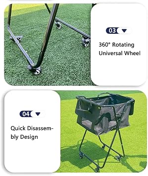 Tennis Ball Hopper Cart with Wheels, Folding Large Capacity Pickleball & Tennis Ball Collector,Portable Sports Equipment Cart, for Court Training & Coaching Waterproof Tennis Ball Basket