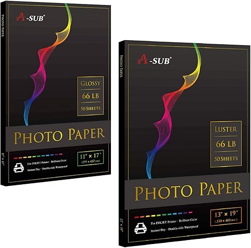 A-SUB 50 hojas de papel fotográfico brillante de alta calidad de 11 x 17 pulgadas y 50 hojas de papel fotográfico brillante de alta calidad de 13 x