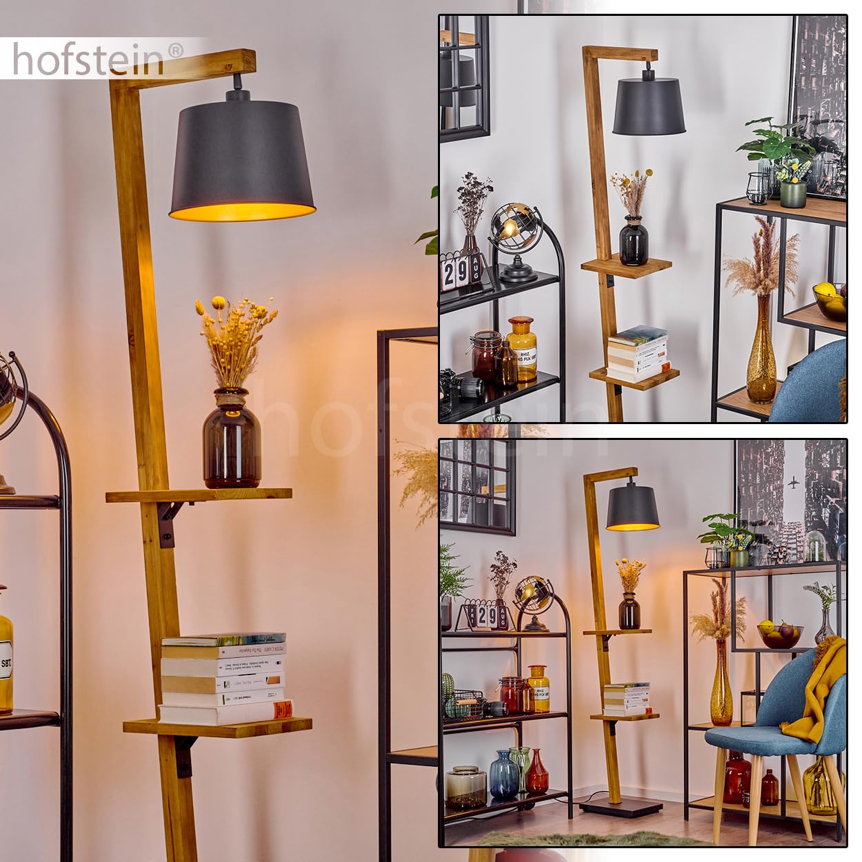 Stehleuchte Baval, moderne Stehlampe aus Metall/Holz in Schwarz/Natur/Goldfarben, Standlampe m. verstellbarem Schirm, Fußschalter am Kabel u. Ablageflächen, Höhe 164 cm, 1 x E27, ohne Leuchtmittel