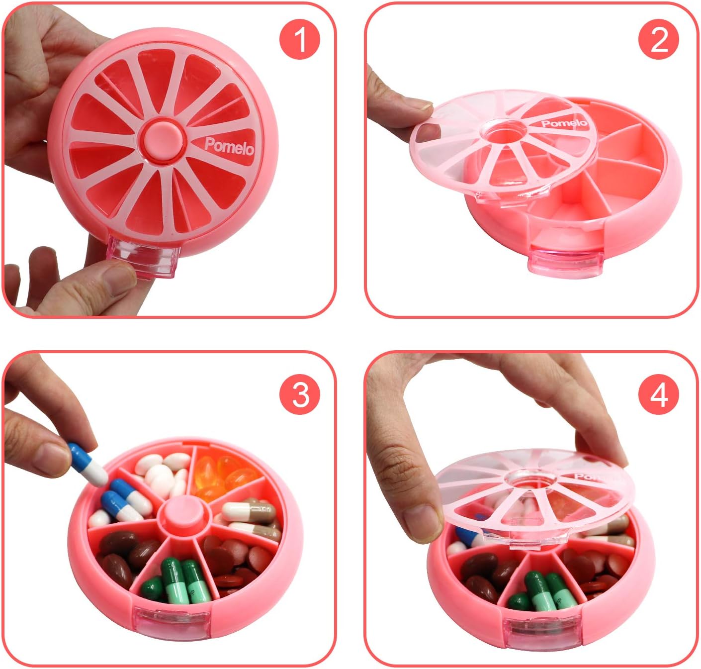 Weekly Pill Organizer, Round Pill Box, 7 Compartments Large Medicine Organizer Pocket Size Cute Pill Organizer for Pills, Fish Oil, Candies, Earrings, Beads, Paper Clips, Memory Card (Pink)