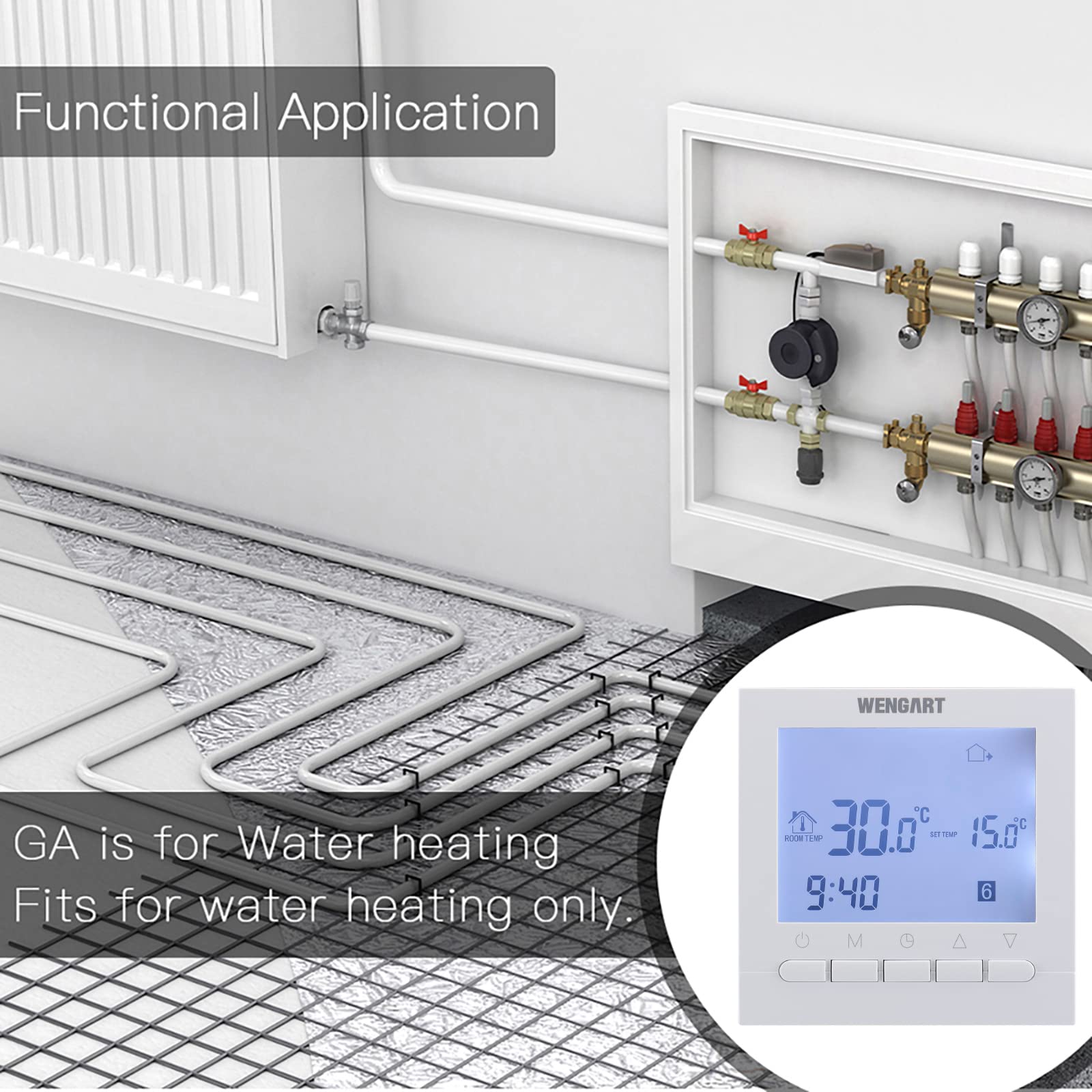 Wengart Thermostat Programmable WG02B04 - Spécifique Chauffage au Sol Hydraulique (3A) - Grand Écran avec Touches Physiques - AC 230V - Compatible Boîtier Rond Standard 60mm - Blanc
