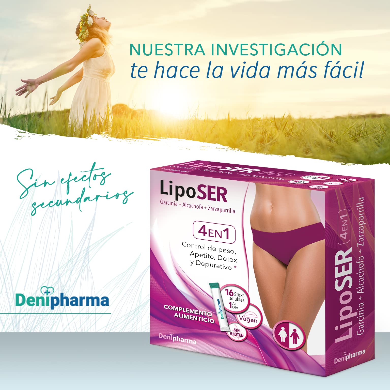 Liposer - 16 sticks - Elimina la grasa acumulada en Abdomen, Caderas. Piernas, Espalda y Brazos - Adelgazante 4 en 1 - Apetito Detox Depurativo, Resultados en 16 días - 1 al día, unisex.