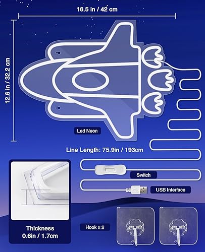 Miniatura 3 de Letreros de neón cohete, (16 x 12 pulgadas), luz LED de gran nave espacial, decoración de habitación, lámpara con forma de avión, decoración
