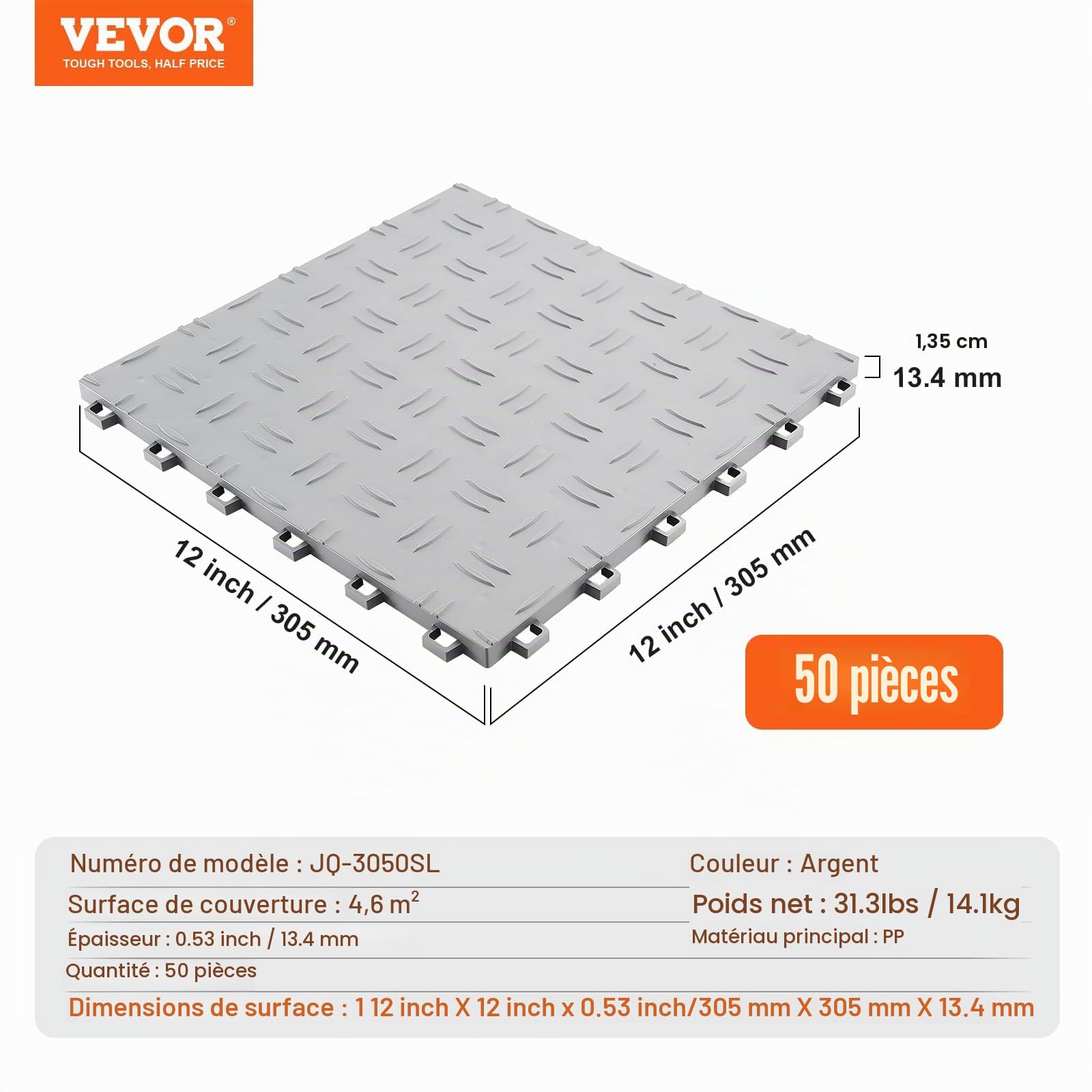 VEVOR Dalles de garage emboîtables, lot de 50, carrelage PP de revêtement de sol garage, 305 x 305 x 13,4 mm, texture double face antidérapante, pour garages, sous-sols, ateliers de réparation, argent