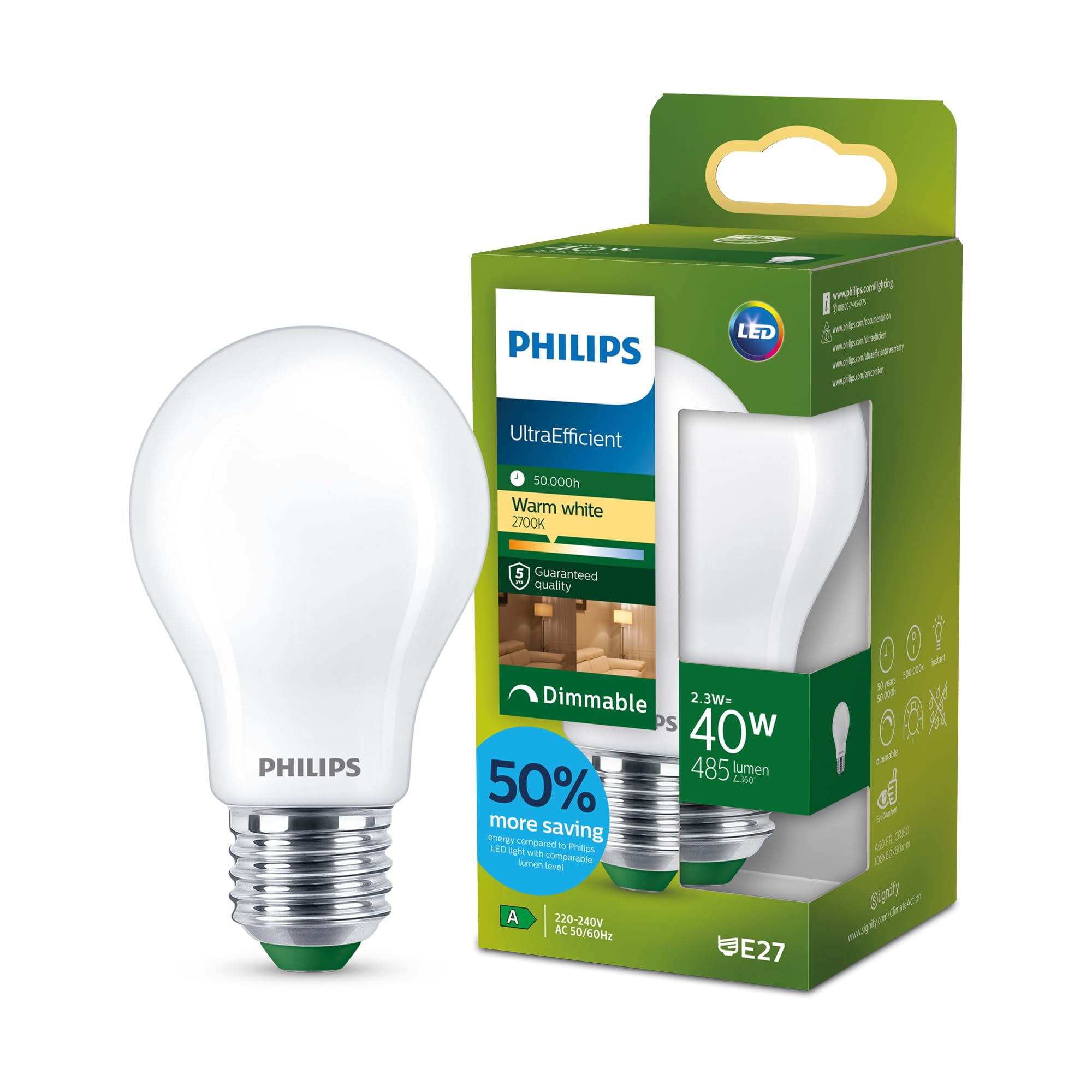 Philips White Led Ultraefficient Frosted A60 Bulb, E27 Edison Screw, Energy Class A, 485 Lm, 40W Equivalent, Warm (2700K), Dimmable, Eyecomfort, 50,000 Hours, 1 Pack