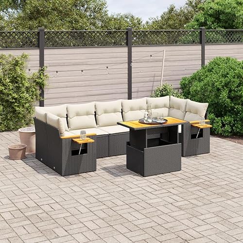 Miniatura 1 de 8-Piece Garden Sofa Set in Black and Cream White, Outdoor Modular Patio Furniture with Poly Rattan and Acacia Wood, Weather-Resistant Seating for