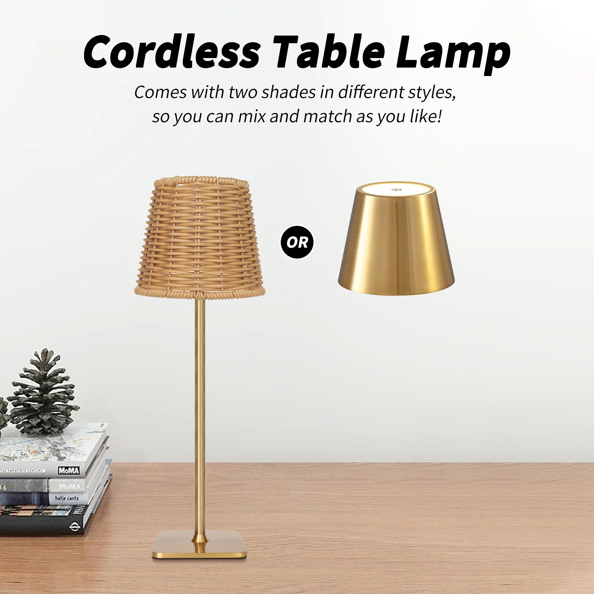 Mr. White Lampe de table LED d'extérieur sans fil rechargeable sans fil portable alimentée par piles pour restaurant, cuisine, terrasse, dîner, salle à manger (doré)