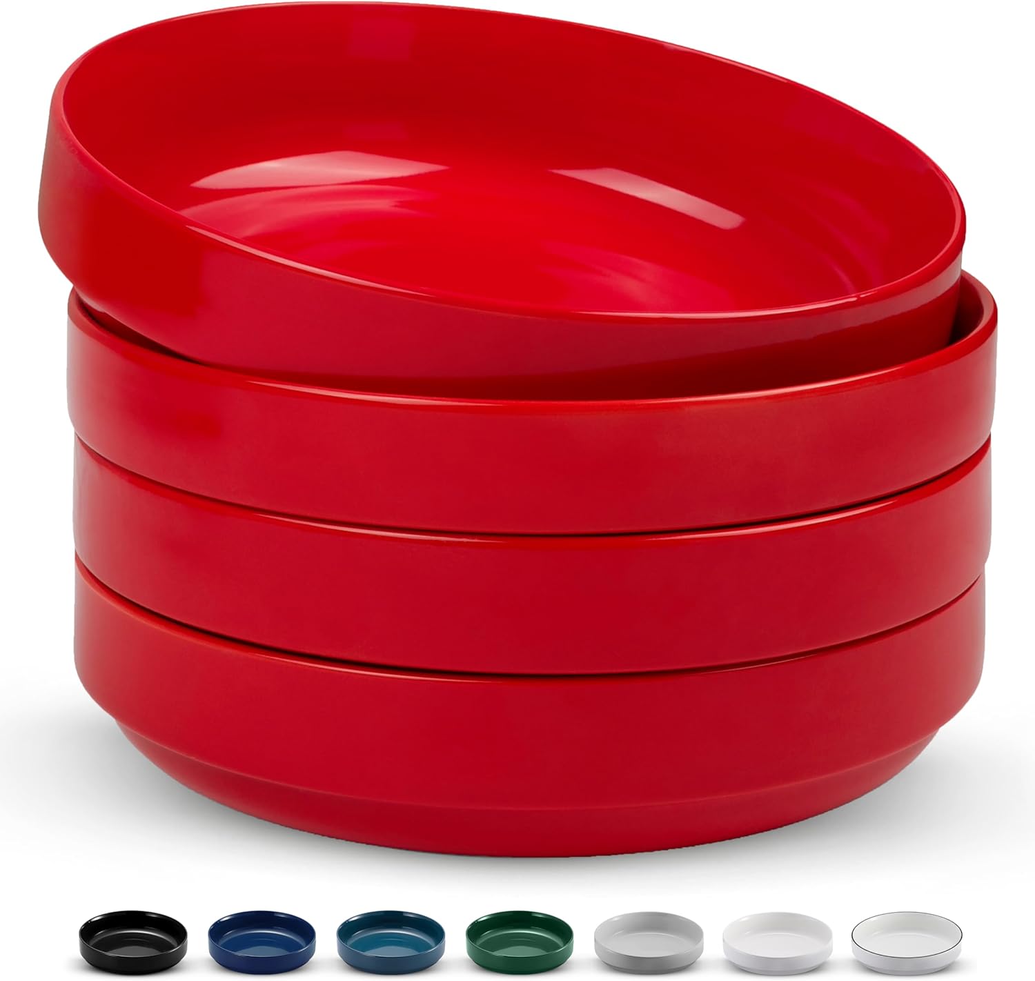 KooK Ceramic Large Pasta Bowls, Microwave and Dishwasher Safe, Great for Soups and Salads, Shallow Serving Bowls, Glossy Porcelain, 47 oz, Set of 4, Cherry Red