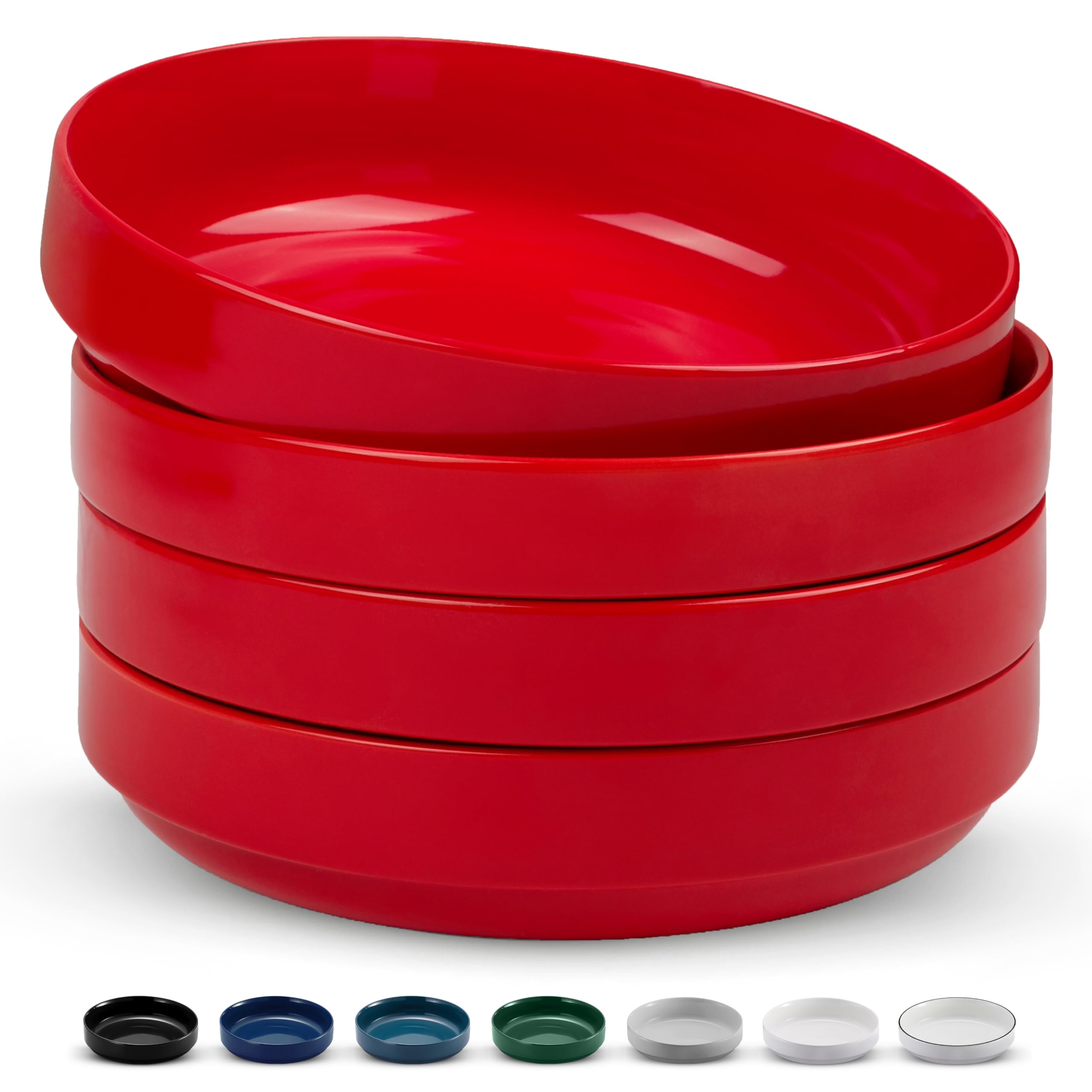 KooK Cuencos grandes de cerámica para pasta, aptos para microondas y lavavajillas, ideales para sopas y ensaladas, cuencos poco profundos, porcelana brillante, 48 onzas, juego de 4, rojo cereza