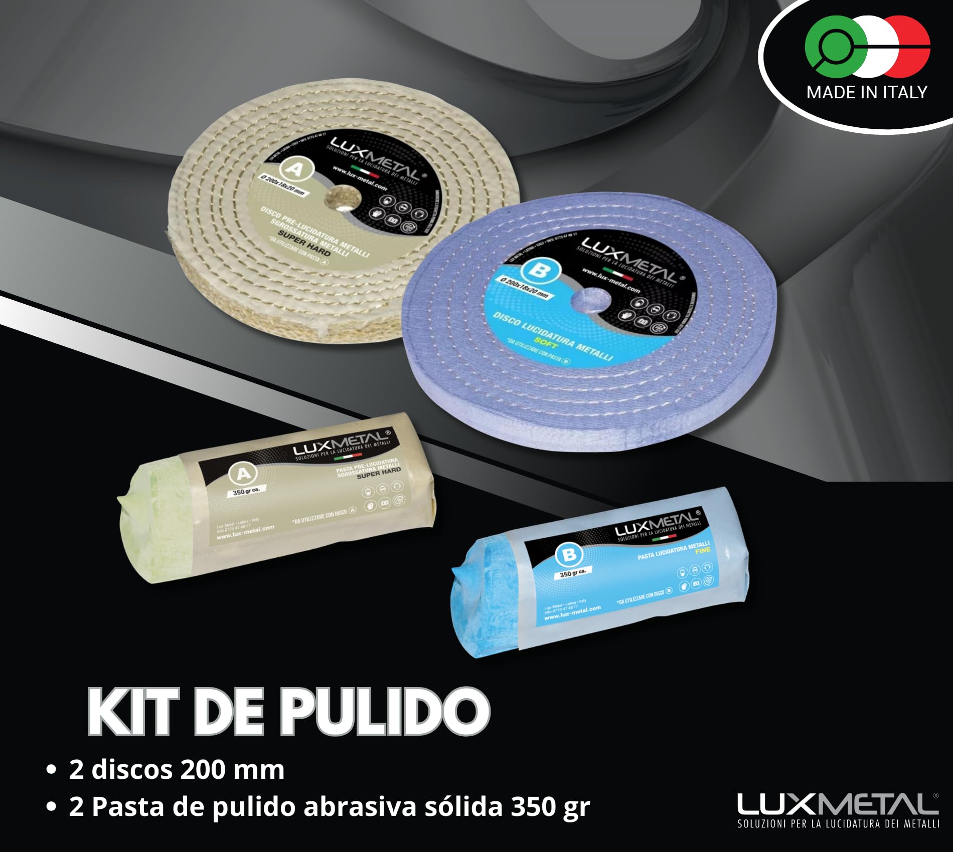 Kit de 2 discos de pulido de 200 mm y 2 pastas de pulido abrasivas de 350 g - Para pulir aluminio, hierro, acero inoxidable, bronce, mármol - Muela para pulir desbaste de metales