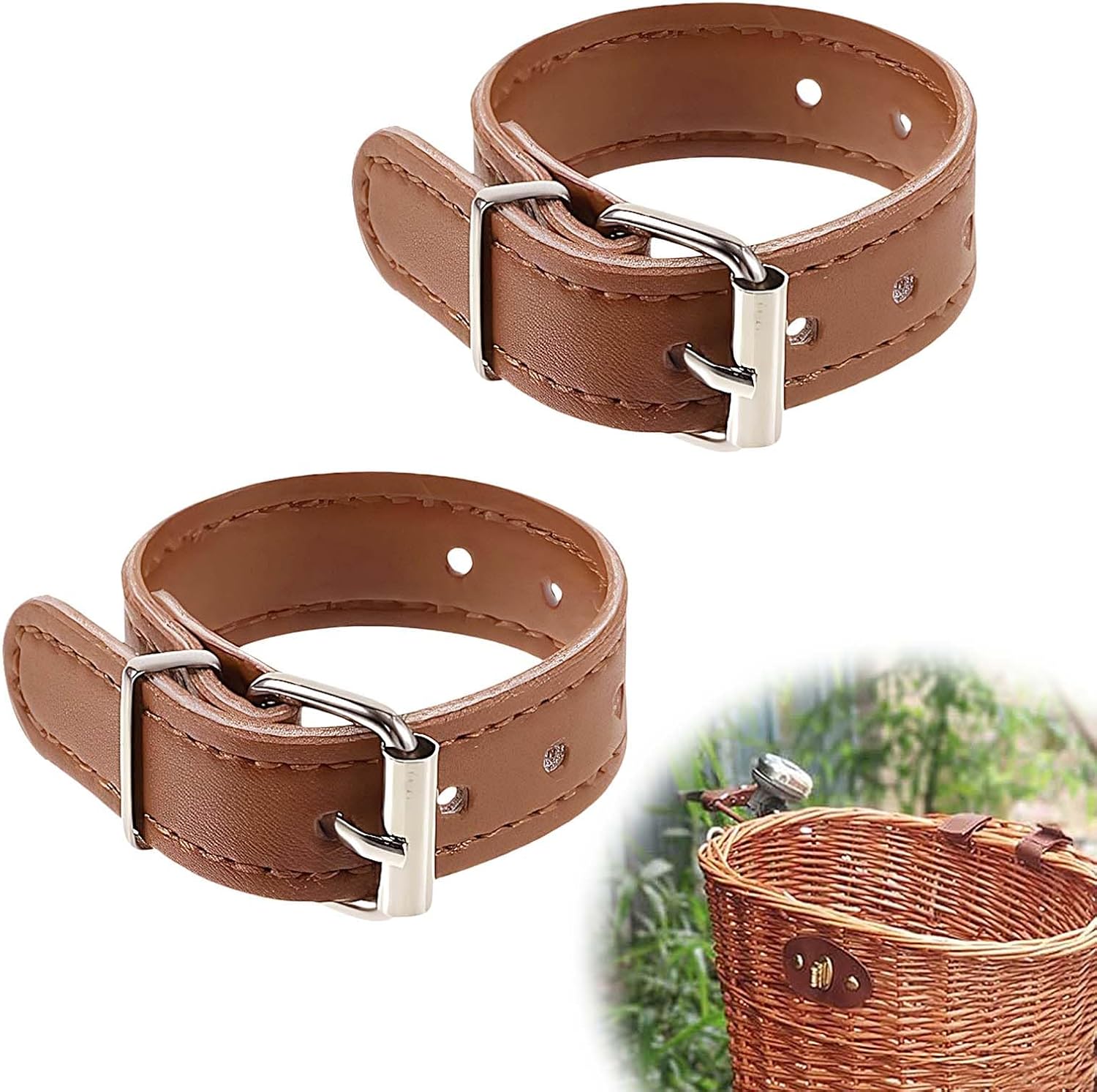2 PCS Leather Bike Basket Straps, Adjustable Quick Release Belts
