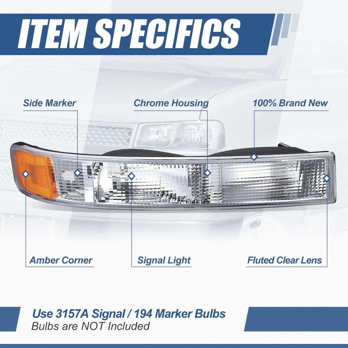 Factory Style Front Bumper Lights Compatible with Chevy Express GMC Savana 1500 2500 3500 4500 2003-2024, Driver and Passenger Side, Chrome Housing Amber Corner