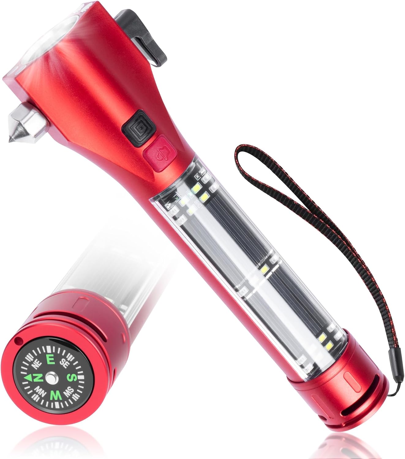 17-in-1 Car Emergency Flashlight – Window Breaker Hammer & Seat Belt Cutter – Mobile Power, Rechargeable, Rescue Alarm, Compass, Magnet, Car Safety Tool for Outdoor, 8.2” Red