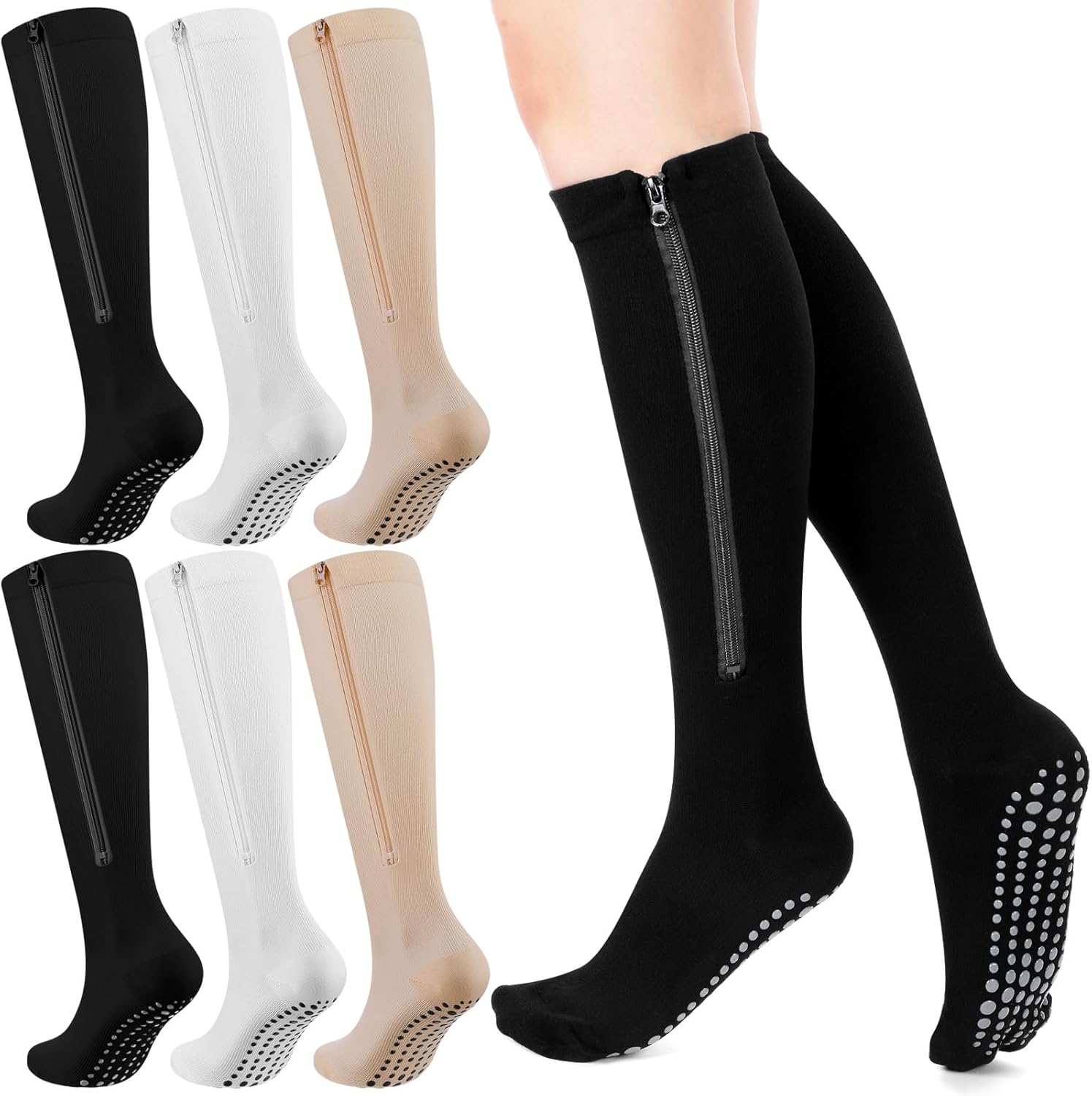 3 Pairs of Zipper Non-Slip Compression Socks (15-20mmHg) for Men & Pregnant Women