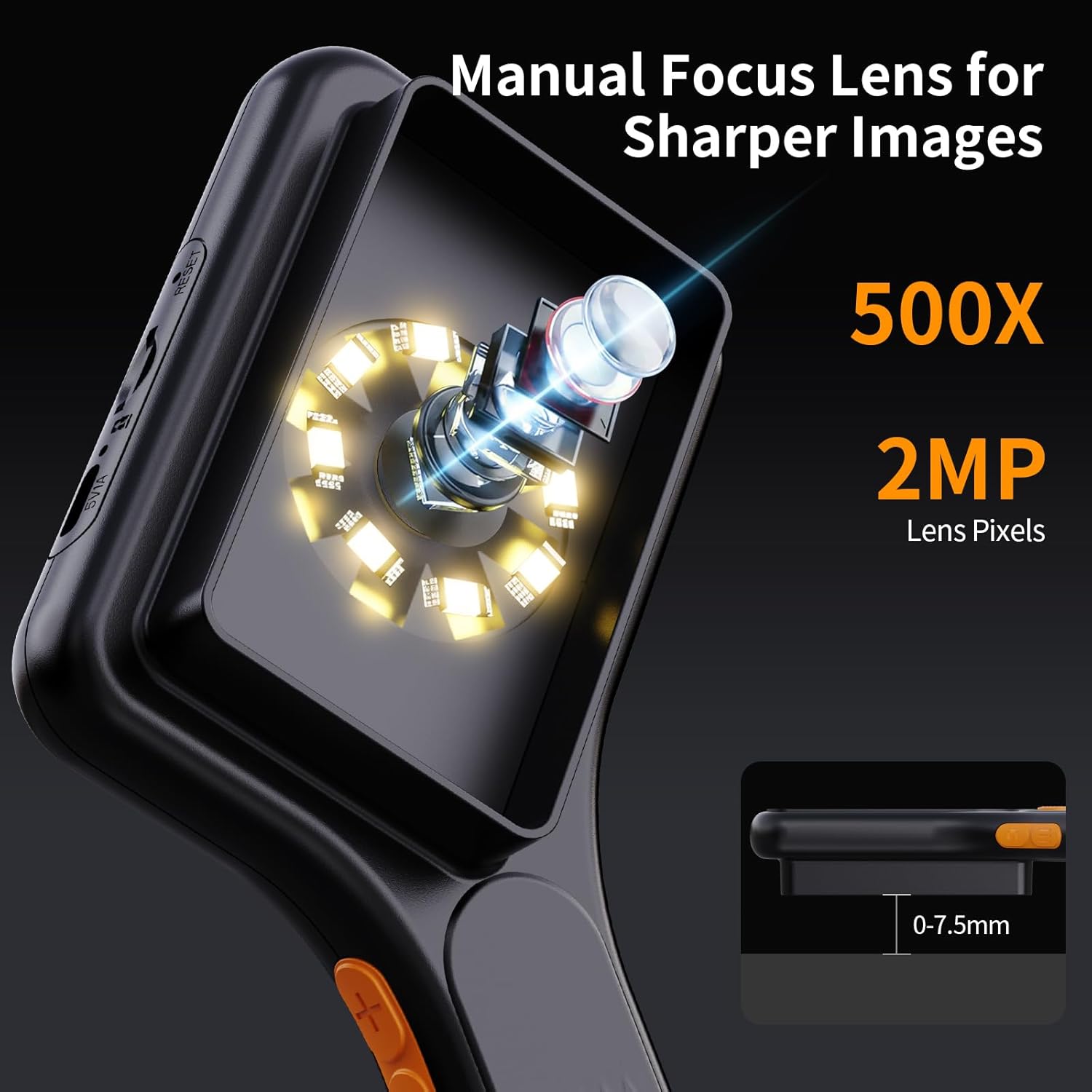 Close-up view of the microscope's manual focus lens and the ring of 8 adjustable LED lights.