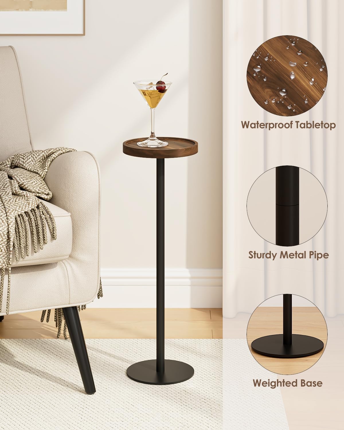 Drink Table, Small Pedestal Side Table, Round Cocktail Table, Circle Accent End Table with Metal Base, for Small Spaces (2, Brown Walnut)