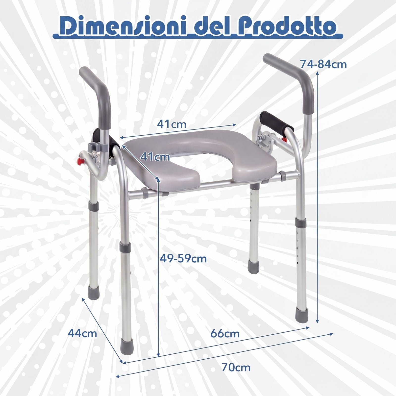 RELAX4LIFE Rialzo WC per Anziani, Lega di Alluminio, Maniglia Antiscivolo, Altezza Regolabile da 49 a 59 cm, Supporto per Doccino, Carico max. 136kg, Sedia WC Disabili