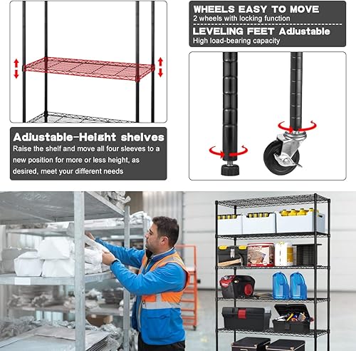 Miniatura 7 de Estantería de alambre resistente de 6 niveles, capacidad de 6000 libras, estante de almacenamiento de metal NSF ajustable con ruedas, 48 pulgadas de