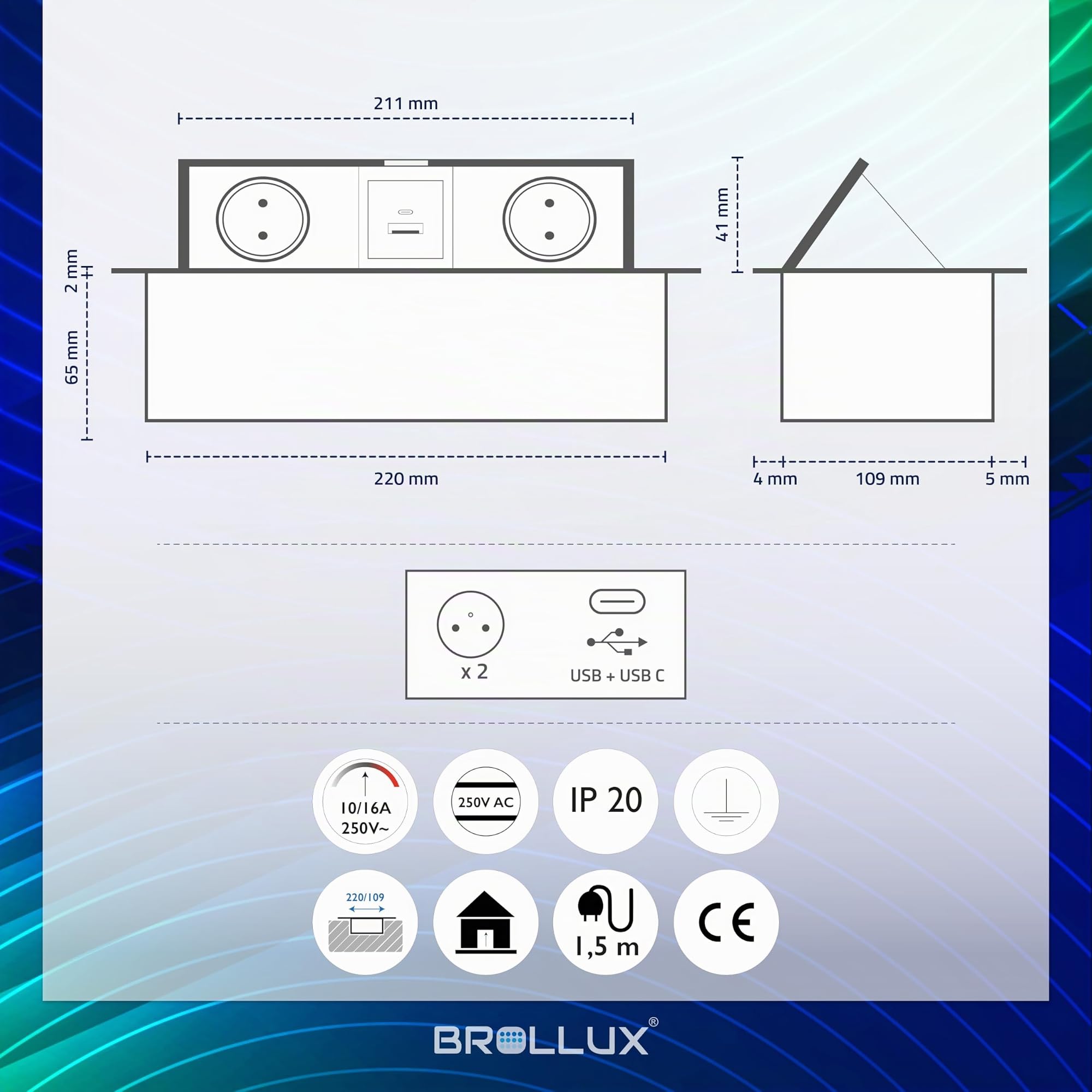 Brollux Enchufe empotrable retráctil de 2 enchufes con USB y USBC blanco con apertura suave de aluminio fundido por inyección de 1,5 m cable de conexión