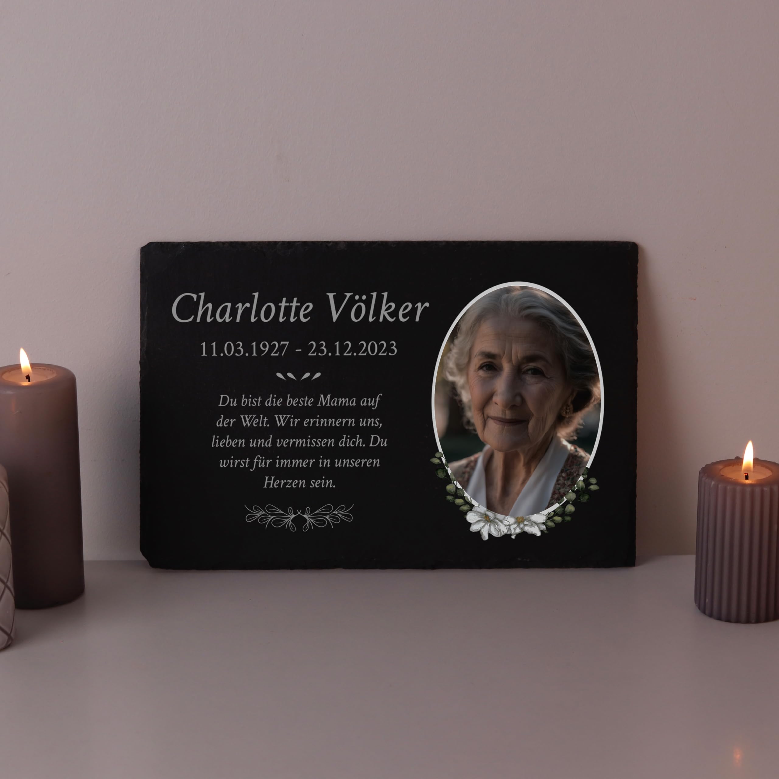 LAUBLUST Personalisierte Grabplatte als Grabschmuck für Menschen mit Wunschtext | Schieferplatte mit Gravur als Grabstein Deko & Grabtafel - Blumen, 3 Größen | Schöne Grabsteine mit Name & Foto