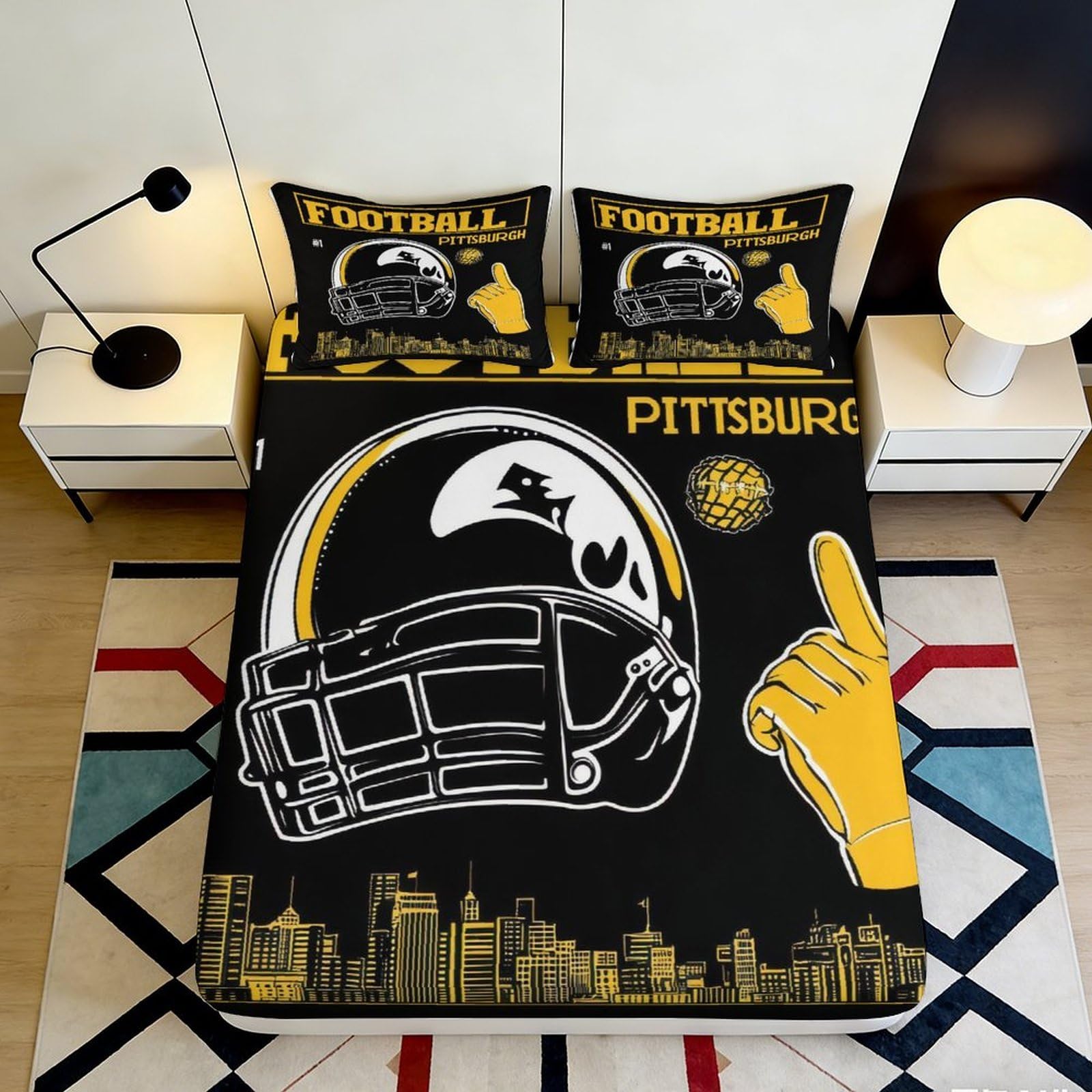 3D Printed American Football Helmet Fitted Sheet Microfiber Deep Pocket Non-Slip Bedroom Bedding Adult Football Mattress Fitted Cover Washable 140x200x25cm