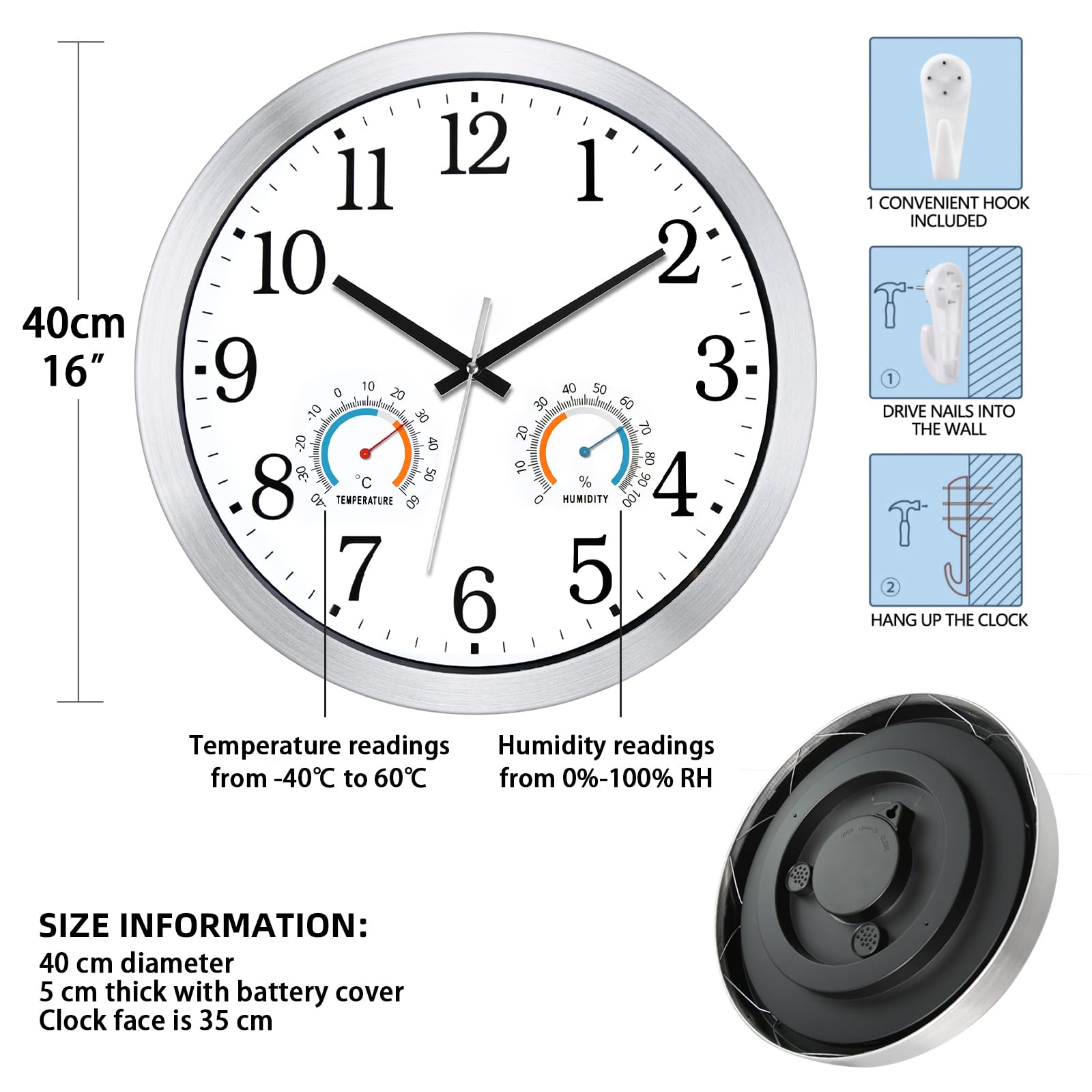 Orologio da parete per esterni, 40 cm, resistente alle intemperie, con termometro e igromo, orologio da giardino silenzioso senza ticchettio, funzionamento a batteria, grande orologio per