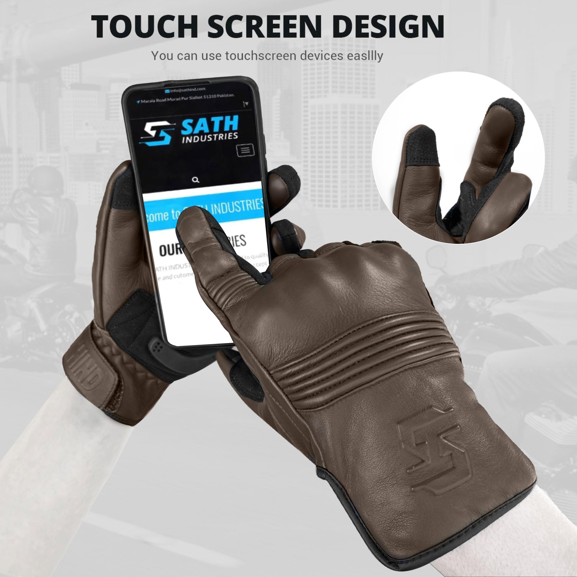 Motorradhandschuhe aus Leder für Herren und Damen, Touchscreen, Vollfinger, Ziegenleder, harte Fingerknöchel für Motorrad
