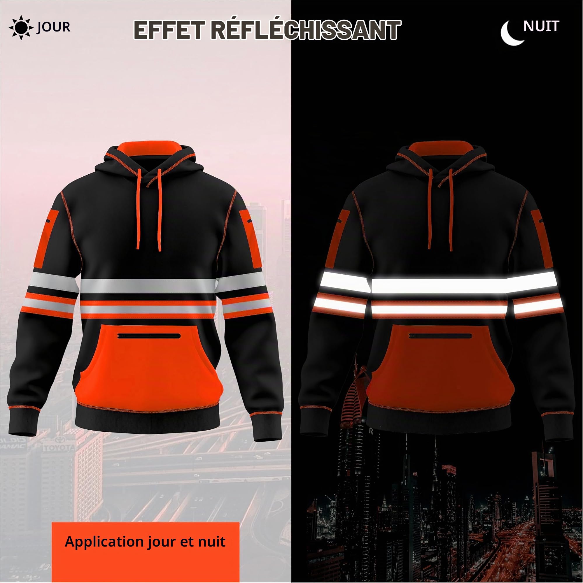 TORO ACTIVA Hi Viz Pull à capuche pour homme avec bande de sécurité réfléchissante et poches zippées et cordon de serrage haute visibilité