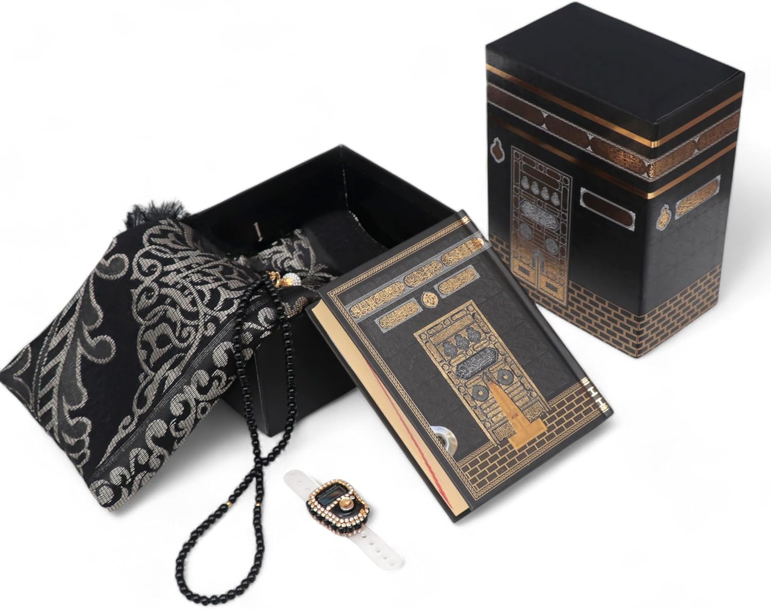 FURKAN Islamic Prayer Mat & Prayer Beads & Quran, Kaaba Drawer Gift Box(6x3.8x7.5″)