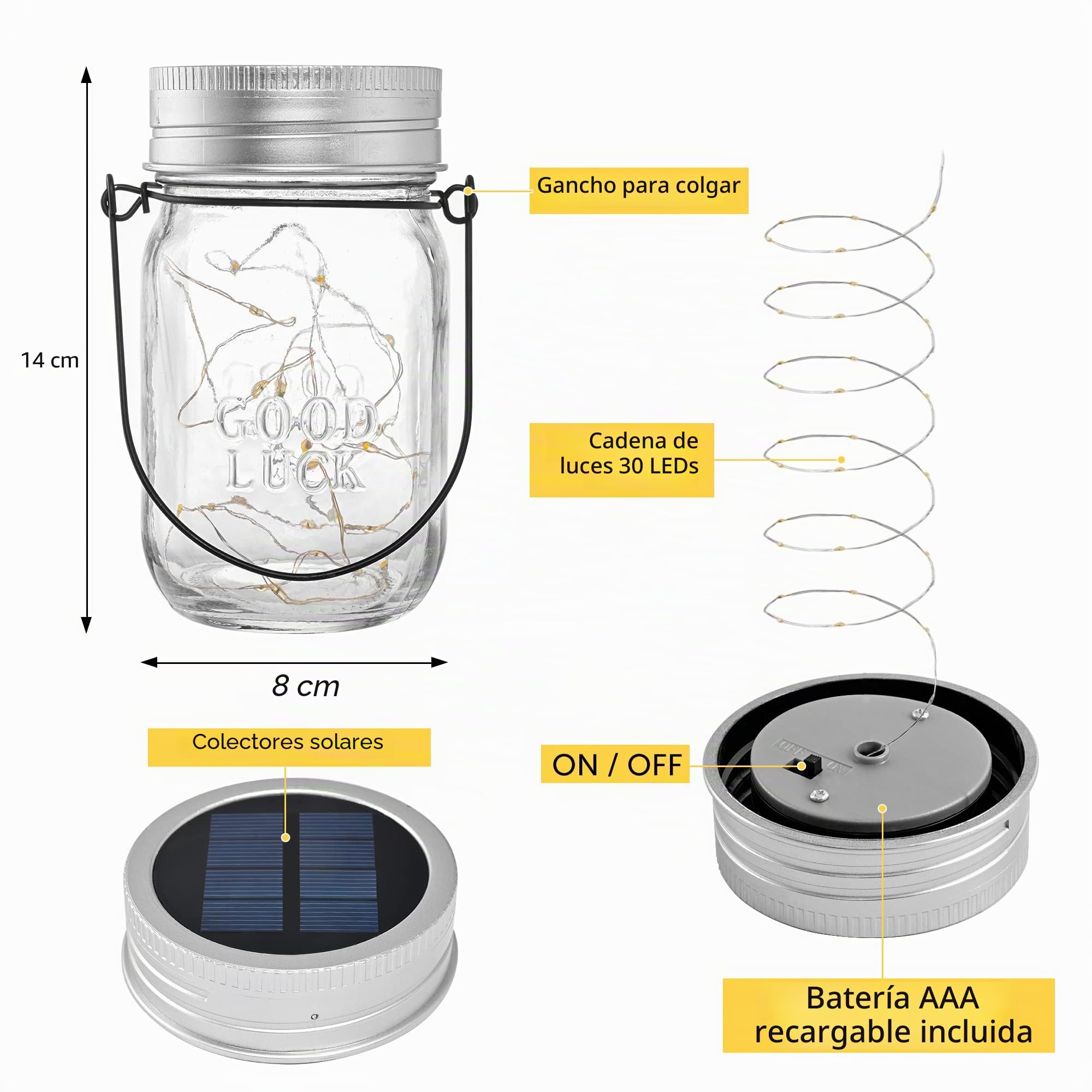 Solpex Farol solar exterior 6 unidades de cristal solar con cadena de luz, 180 ledes, farol colgante, cristal de conserva, IP44, resistente al agua, para jardín, terraza, balcón, blanco cálido | Farol colgante de 30 ledes, cristal LED, IP44, resistente al