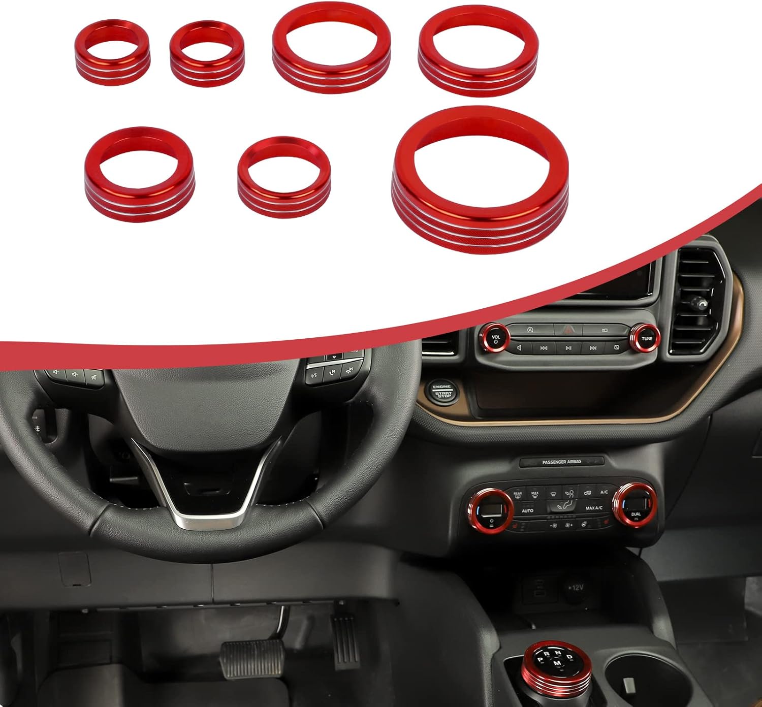 RAZPOY Air Conditioner Headlight Radio Switch Knob Ring, Center Console 4DW Wheel Drive Gear Shift Button Switch Knob Cover for Ford Bronco Sport 2021-2024, Aluminum Alloy (7PCS Red)