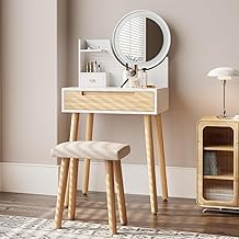 YOURLITE Dressing Table Set with Stool Makeup Table with LED Mirror, 3 Colors Lighting with Adjustable Brightness, Modern Bedroom Vanity Set, White and Oak