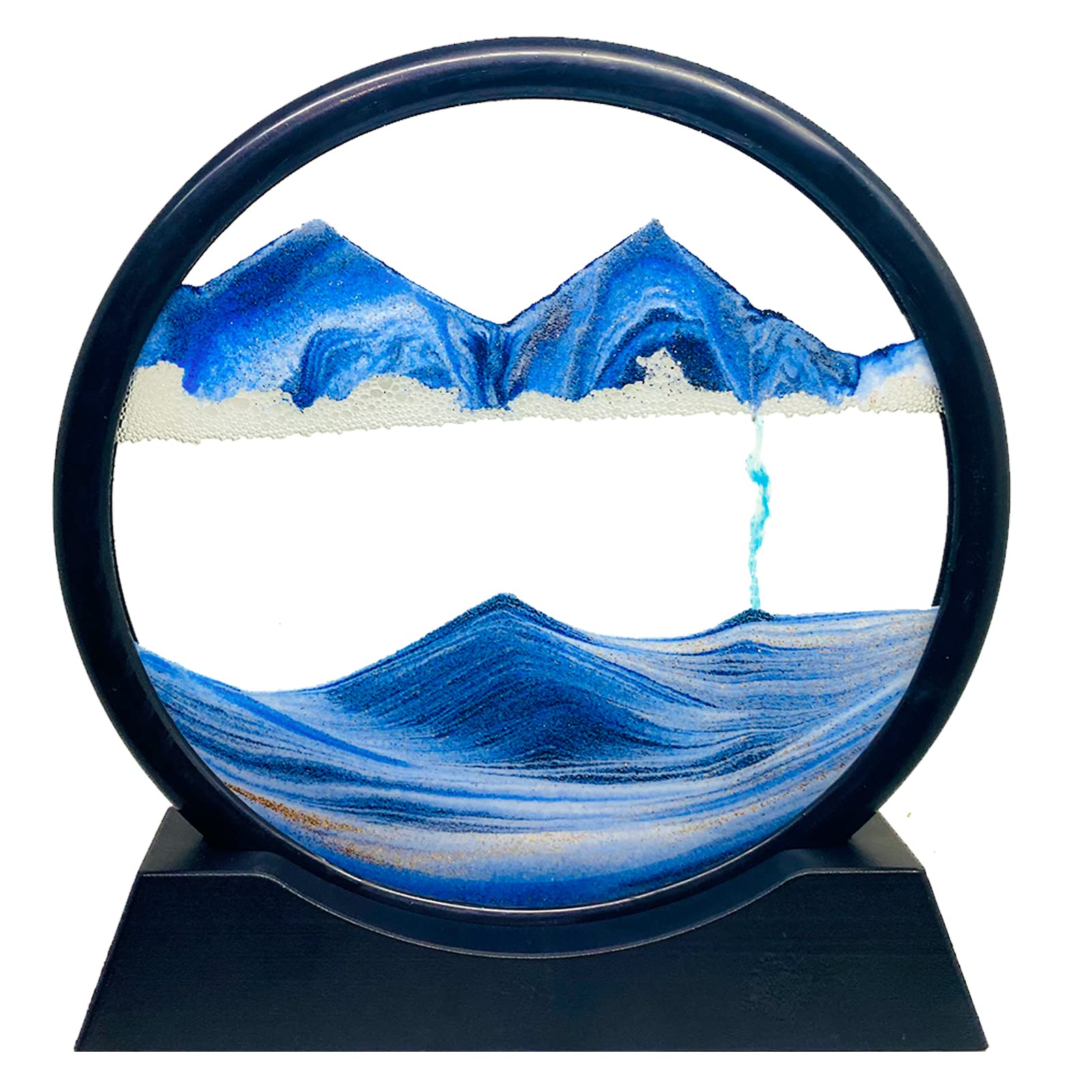 HYUGF Moving Sand Art Picture Ocean Decor, 3D Deep Sea Sandscape Liquid Motion, Round Glass Frame Display Flowing Sand Relaxing Gift for Kids Adults Home Office Work Desktop Decoration Toy (Blue, 7")