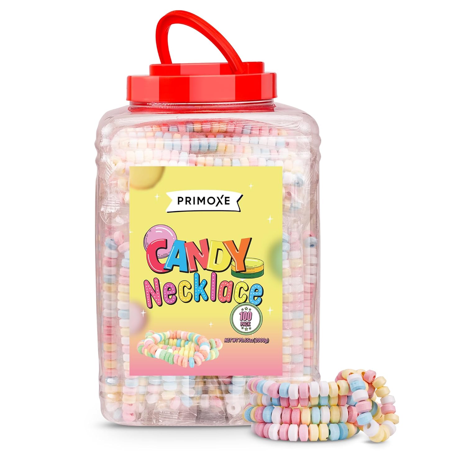 100 Pack Candy Necklaces Individually Wrapped - Bulk Candy - Edible Jewelry for Kids, Party Favors, 80s Nostalgic Treats, Pinata Fillers, Goodie Bags, Retro Events Halloween & Birthday