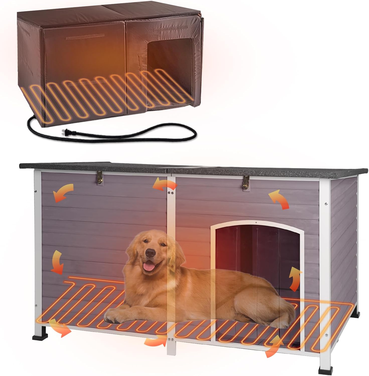59.1" Large Dog House Outdoor with Insulated Liner & Heating Pad for Winter Insulation Dog Kennel Upgrade All-Around Metal Fame Durable for Large Medium Small Dogs