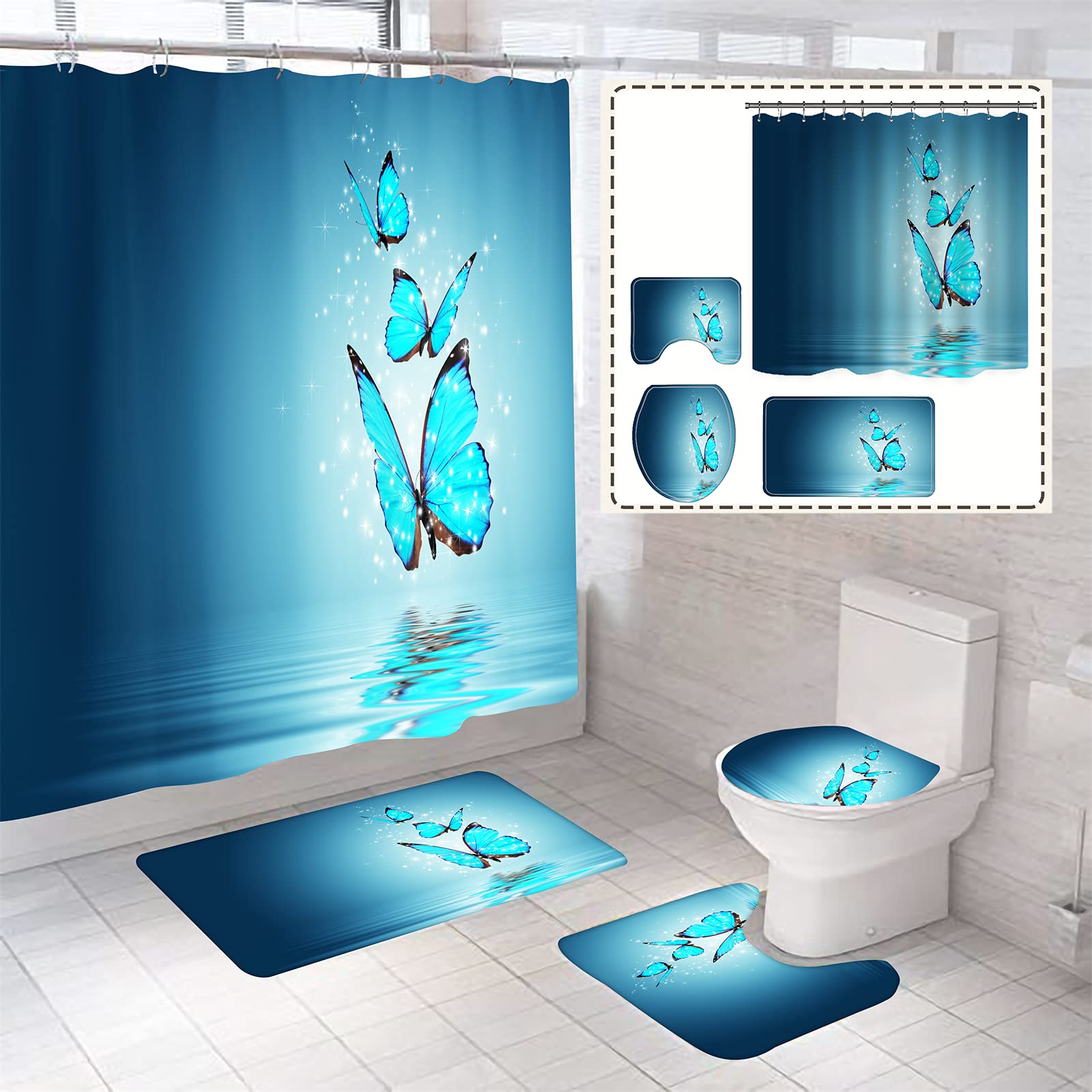 BOISTAR 4 Pcs Blue Butterflies Bathroom Decor Sets with Shower Curtain and Rugs and Accessories,Durable Waterproof Fabric Butterfly Shower Curtains and Mat Set