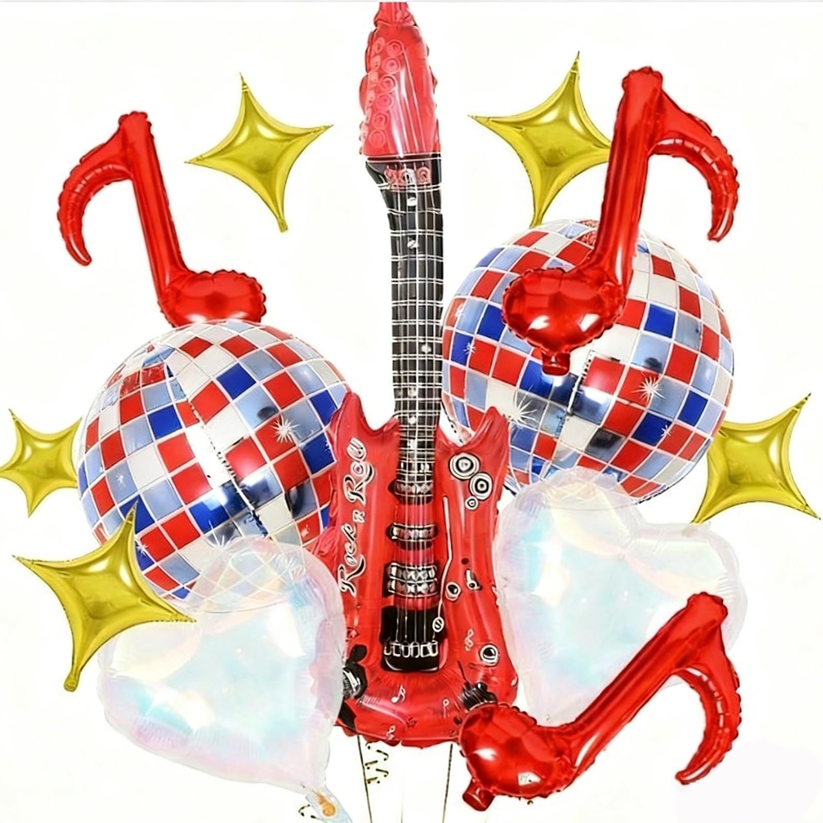 14pcs Guitar Disco Balloons Set - Music Theme Party Decorations with Star & Heart Balloons, Easy to Inflate for Birthday, Disco Party Supplies