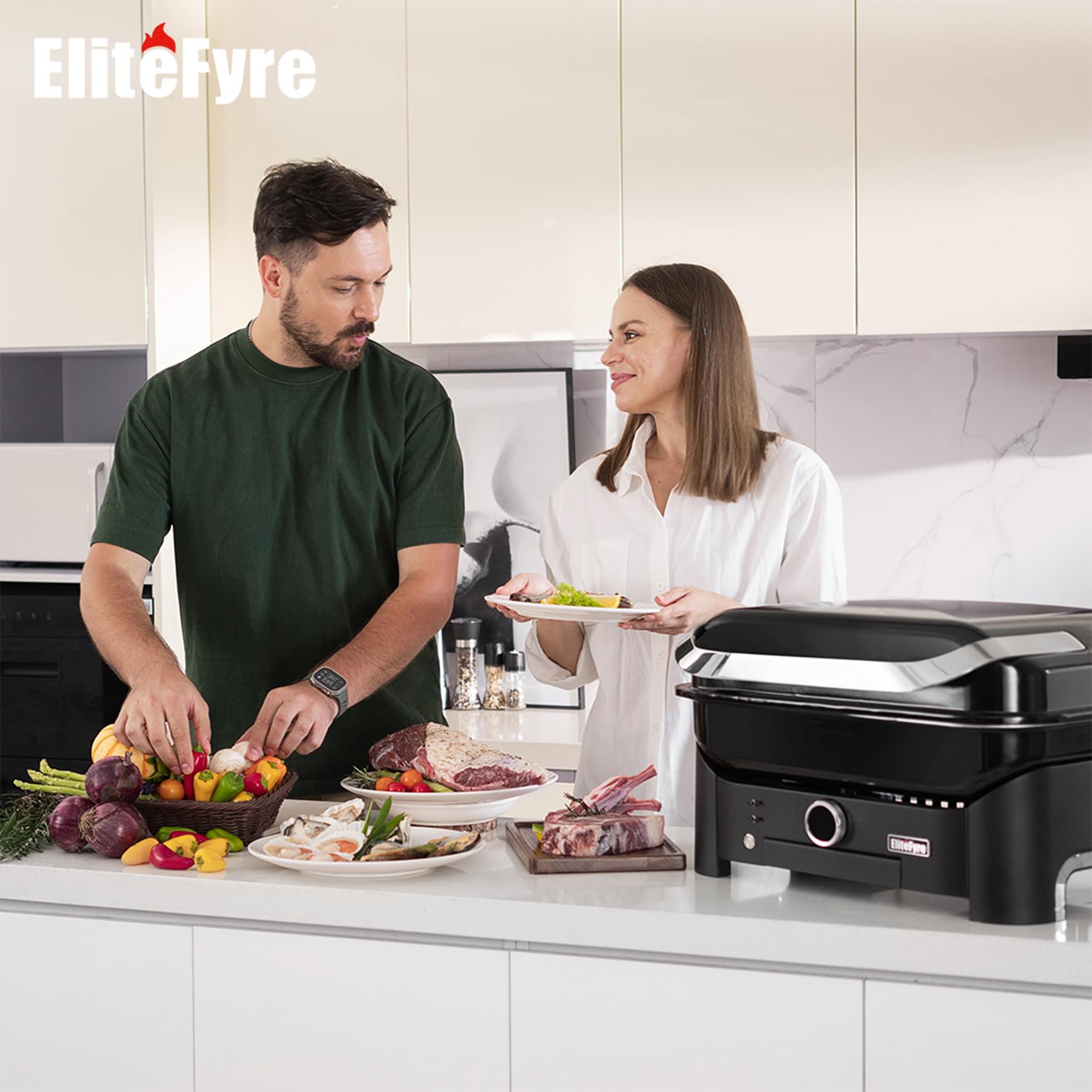 Volteq Smart Elektrogrill, 343°C Profi-Hitze in 20 Min, Tischgrill mit Fleischsonde & LED-Display, 1720 cm² Grillfläche, 6-in-1 Multigrill für Balkon & Terrasse, Emaille-Beschichtung